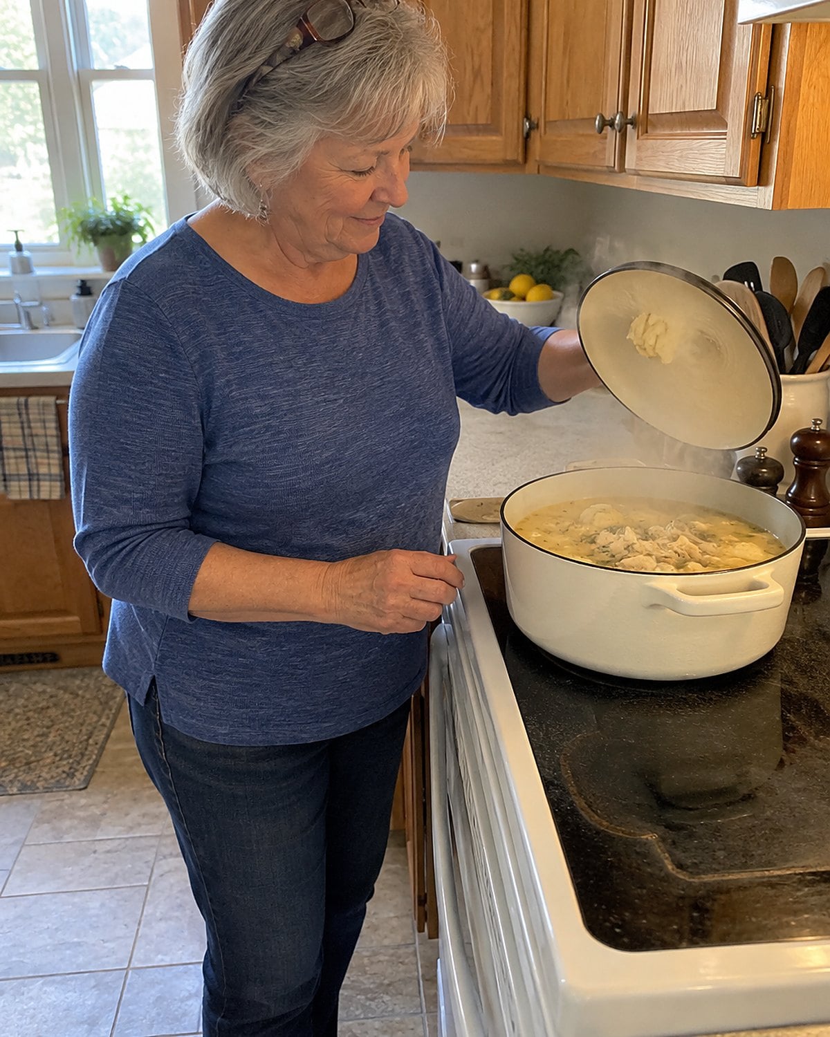A hand lifts the lid from a pot of chicken and dumplings on a white stove.