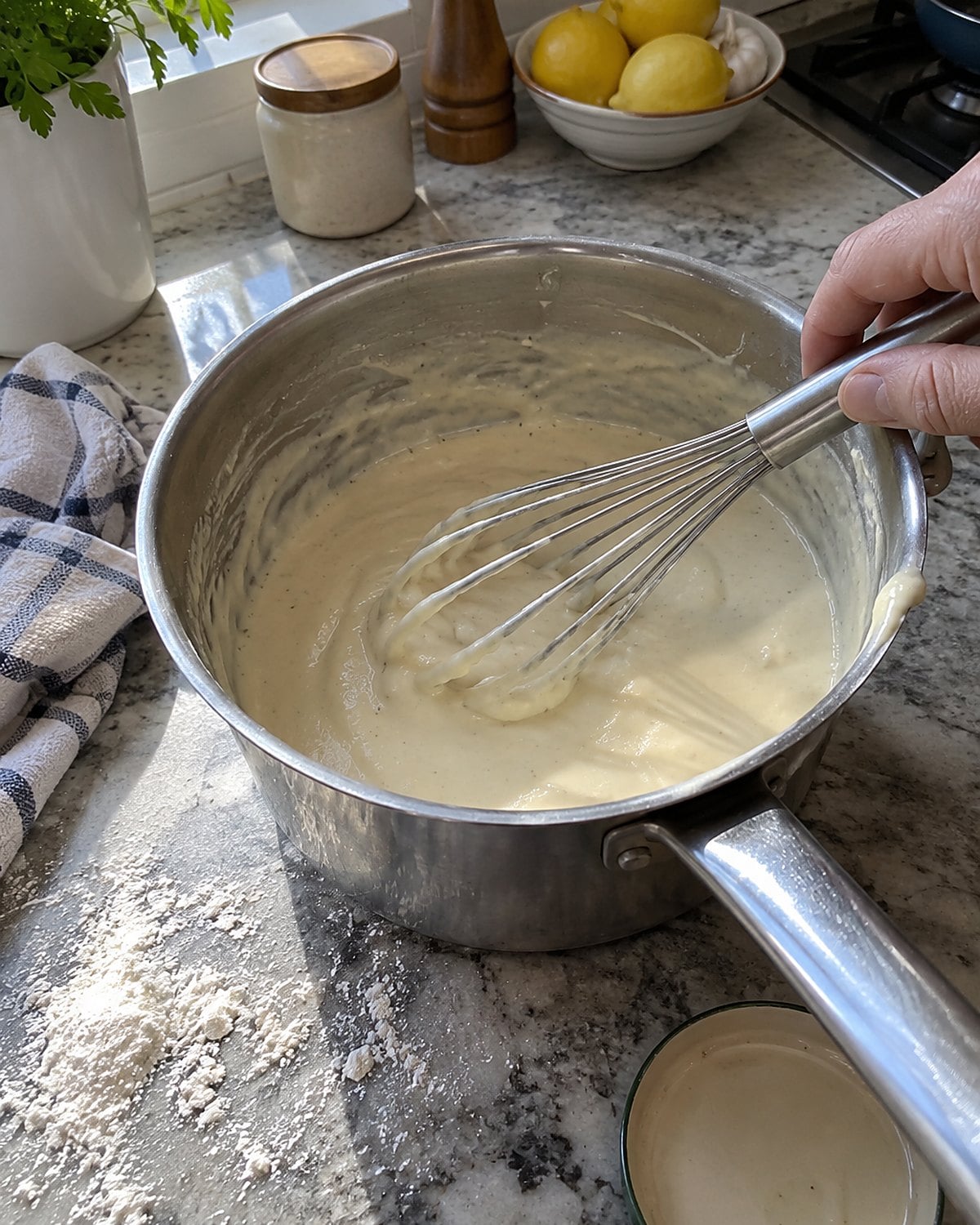 A whisk rests in pale sauce inside a scratched saucepan, with a little flour on the counter.