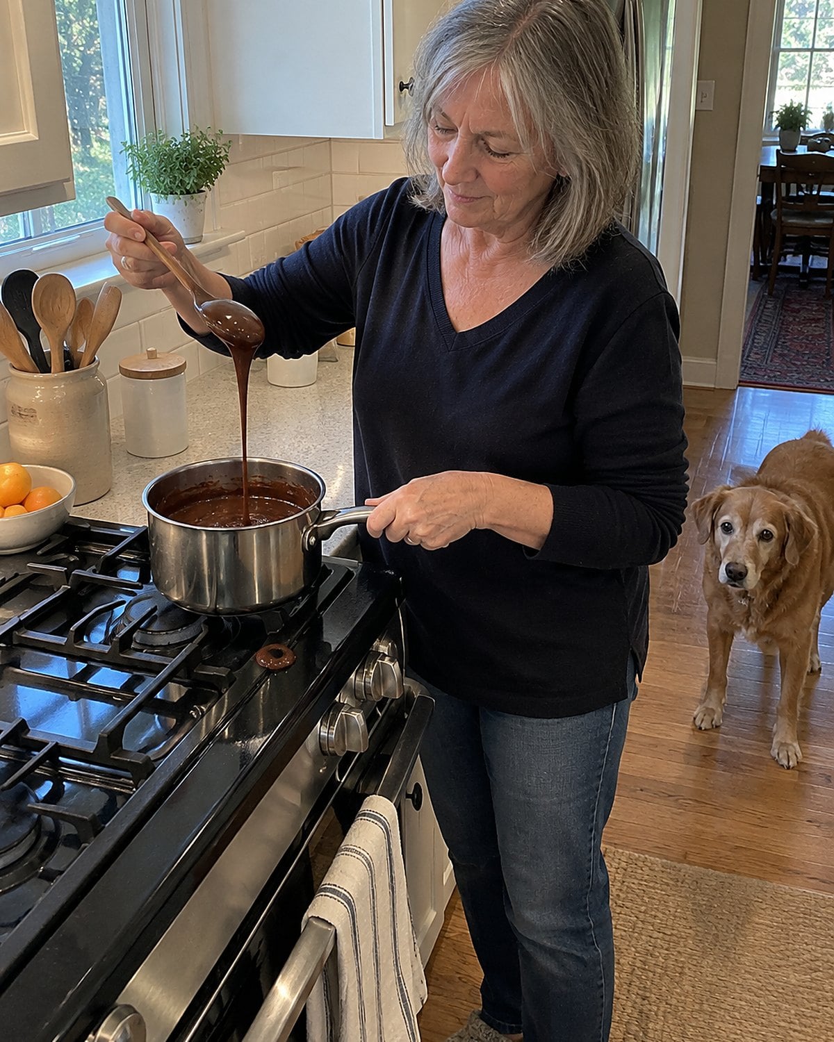 A hand lifts a spoon through glossy chocolate pudding in a small saucepan on the stove.