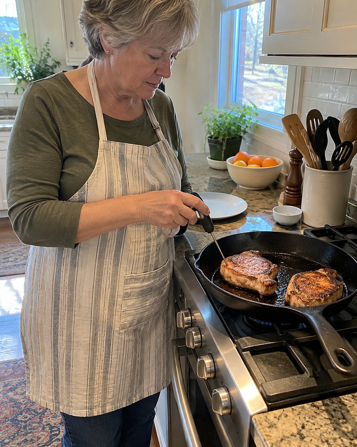 A hand checks a browned pork chop with a thermometer beside a skillet.