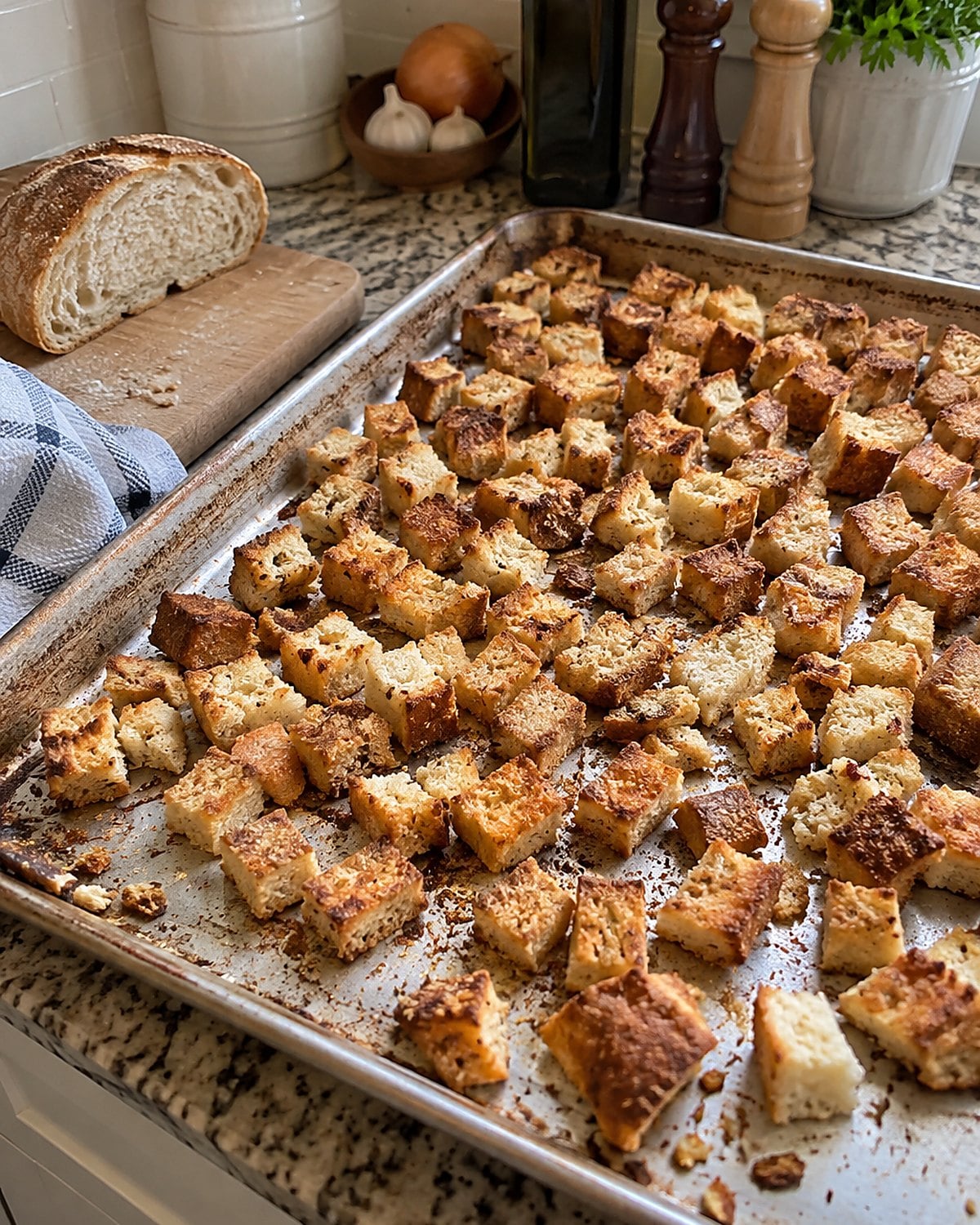 Uneven bread cubes brown on a baking sheet beside yesterday’s loaf.