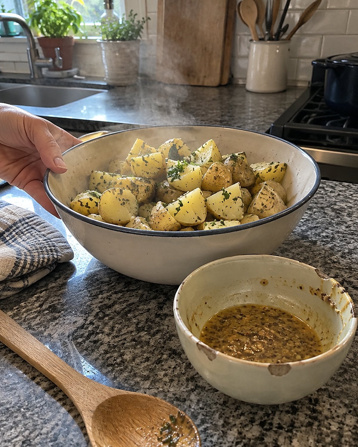 Warm potato chunks and a small bowl of mustard dressing sit on a kitchen counter.