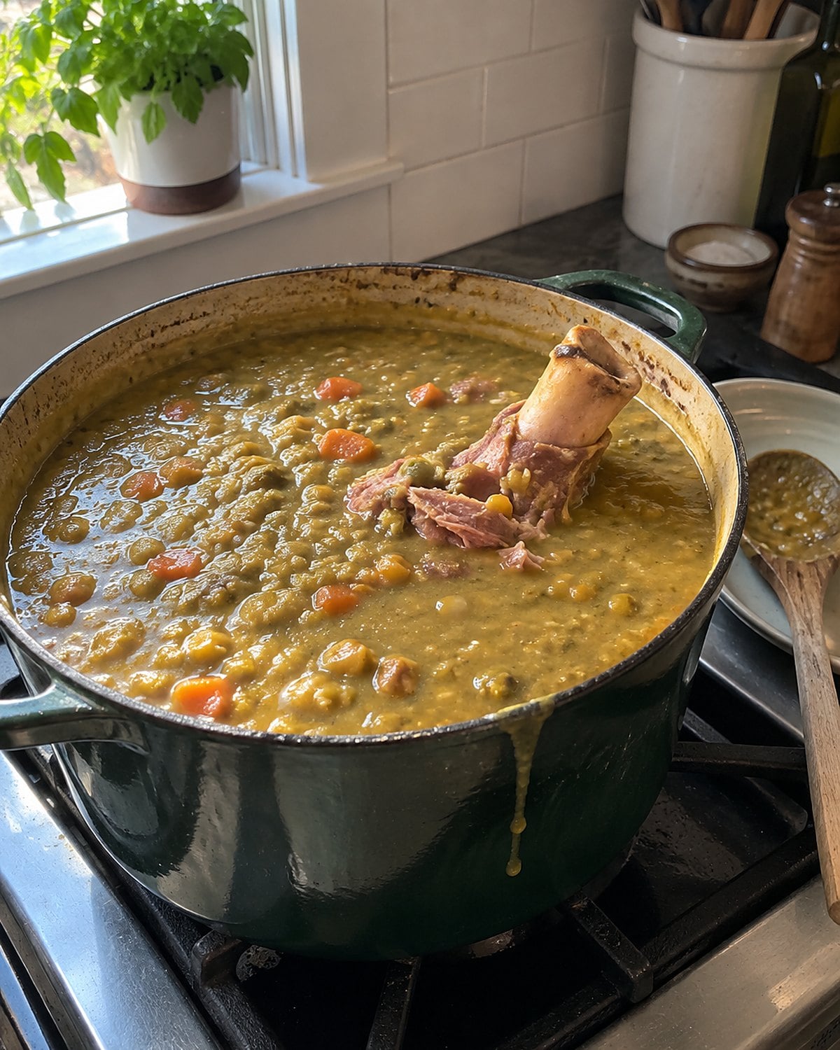 A ham bone sticks out of a pot of thick split pea soup on the stove.