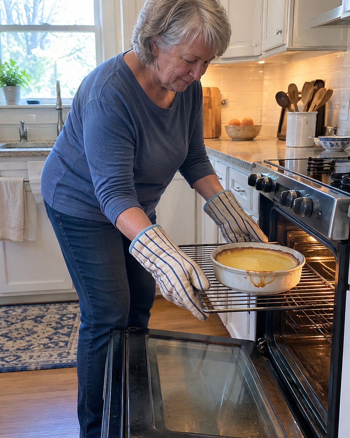 An egg custard in a baking dish wobbles as a hand pulls out the oven rack.