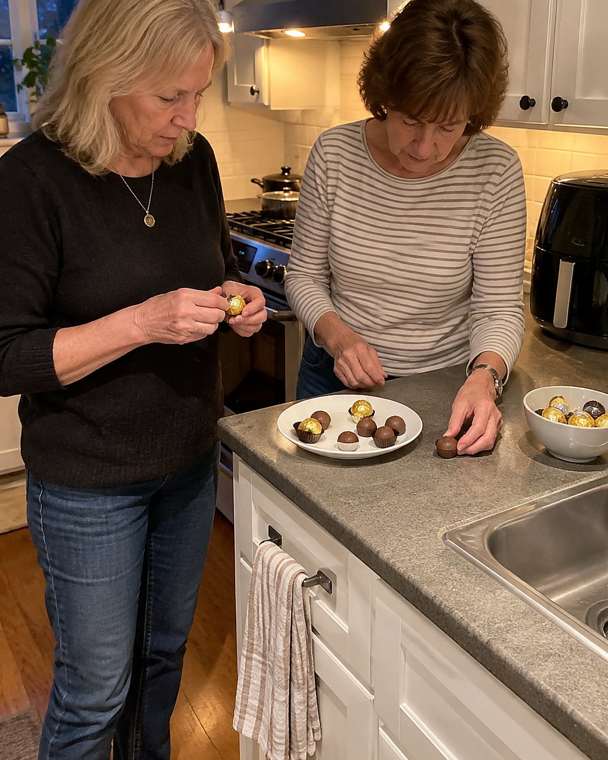 Two women friends at the counter beside an air fryer, unwrapping candy in the evening by the stove light, neither posing.