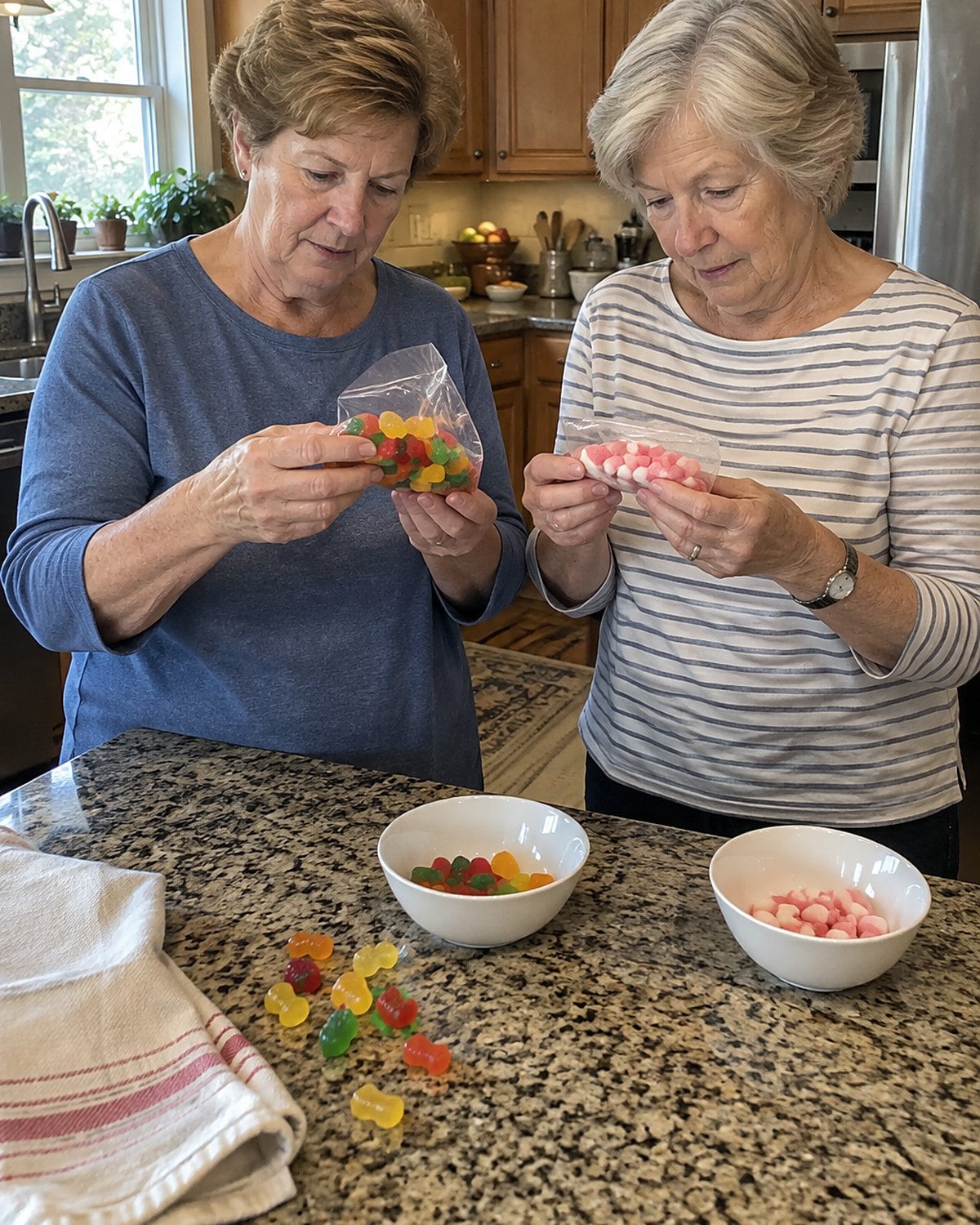 Hands turning over two candy packages to compare their ingredient panels at a kitchen counter.