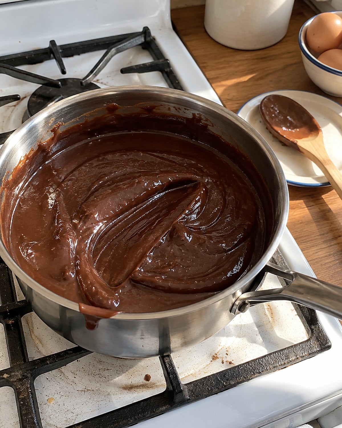 A saucepan of thick chocolate pudding with a spoon trail visible by the stove.