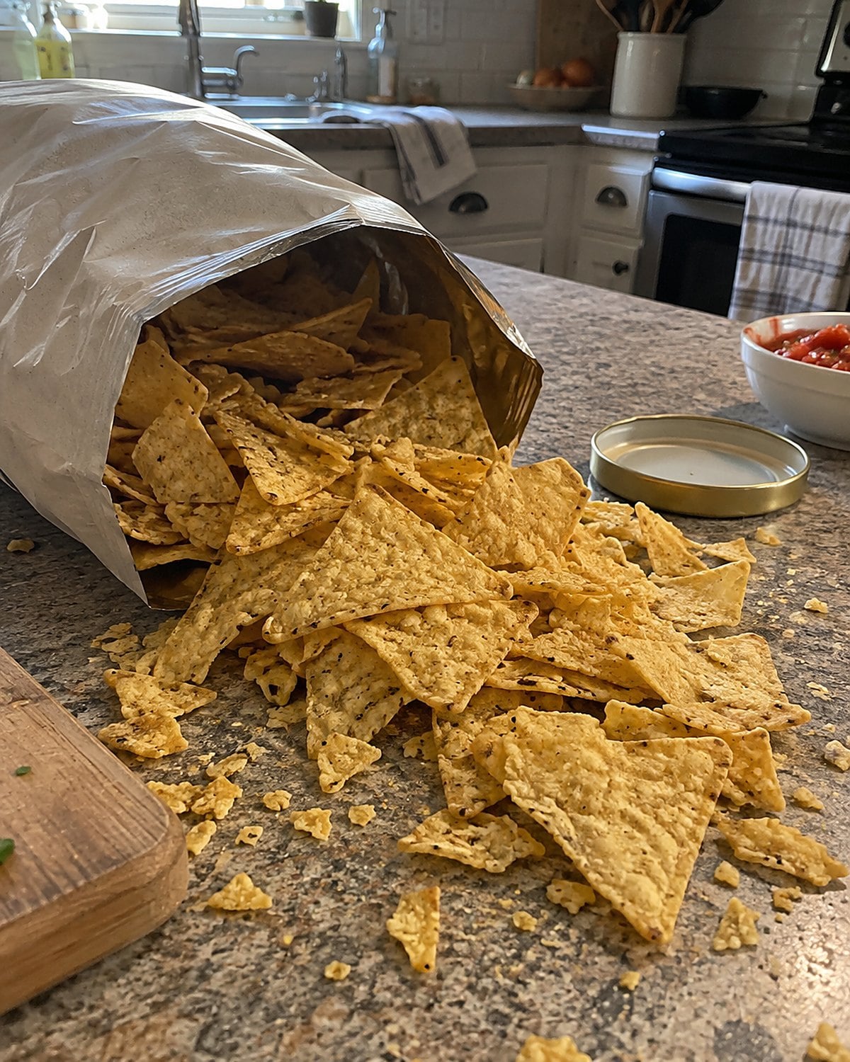 Intact corn chips and broken crumbs tipped from a bag onto a kitchen counter.