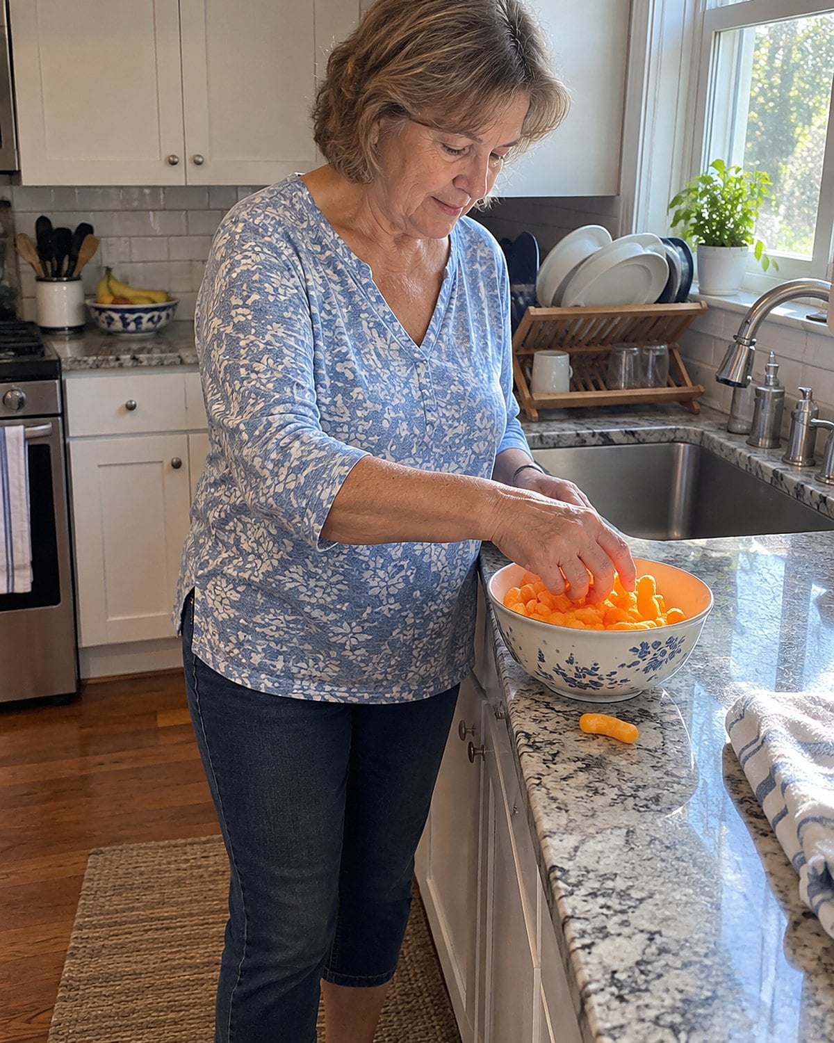 Orange-dusted fingers reaching into a bowl of cheese curls beside the sink.