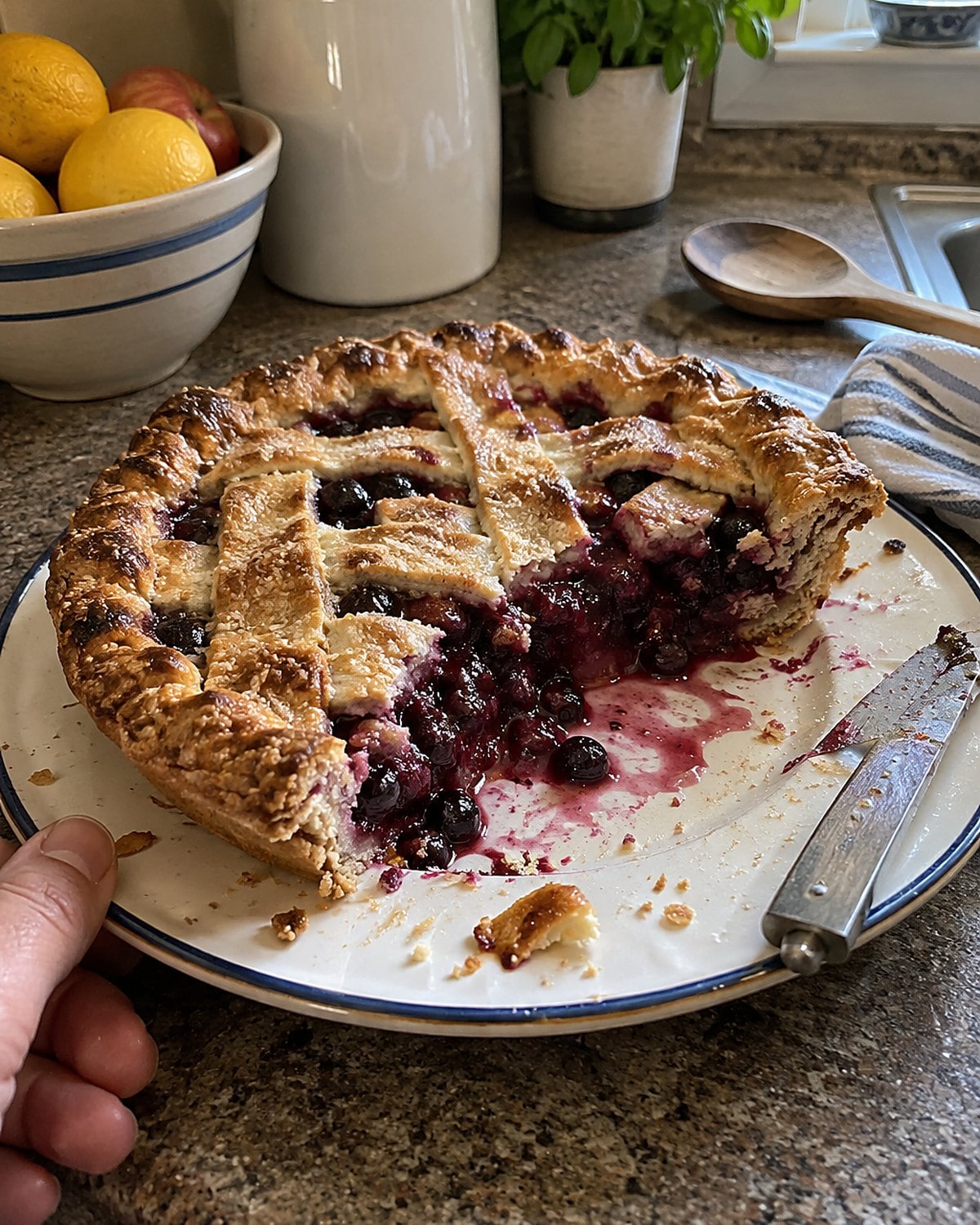 A fruit pie cut across the middle on a plate beside a small knife.