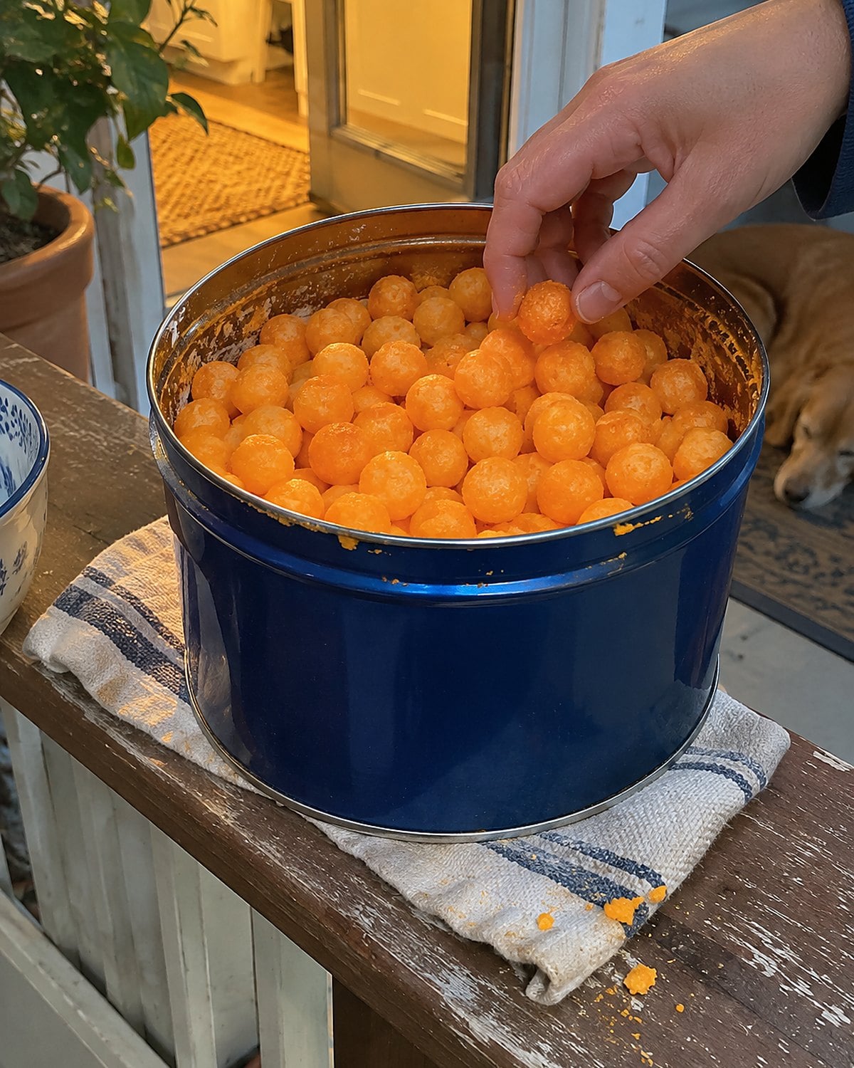 An open blue snack tin with cheese balls and orange crumbs on the porch railing.