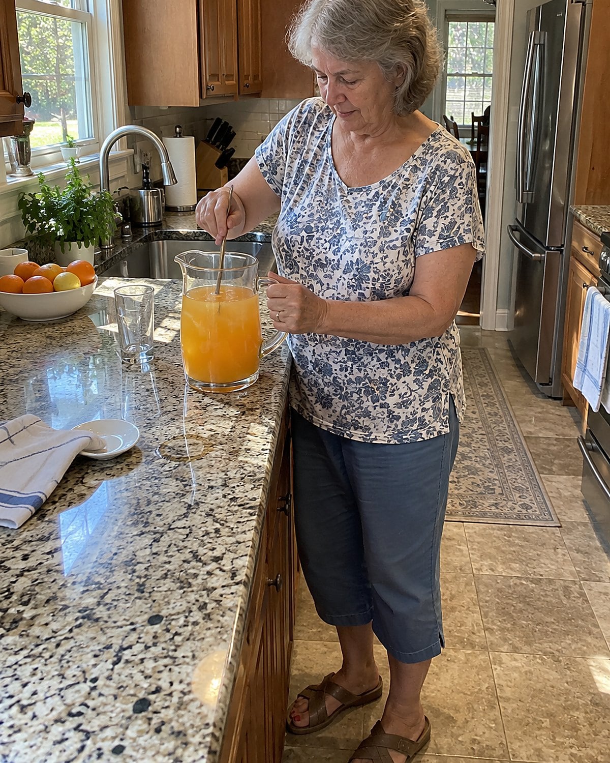 A hand stirring an orange drink in a pitcher on a kitchen counter.