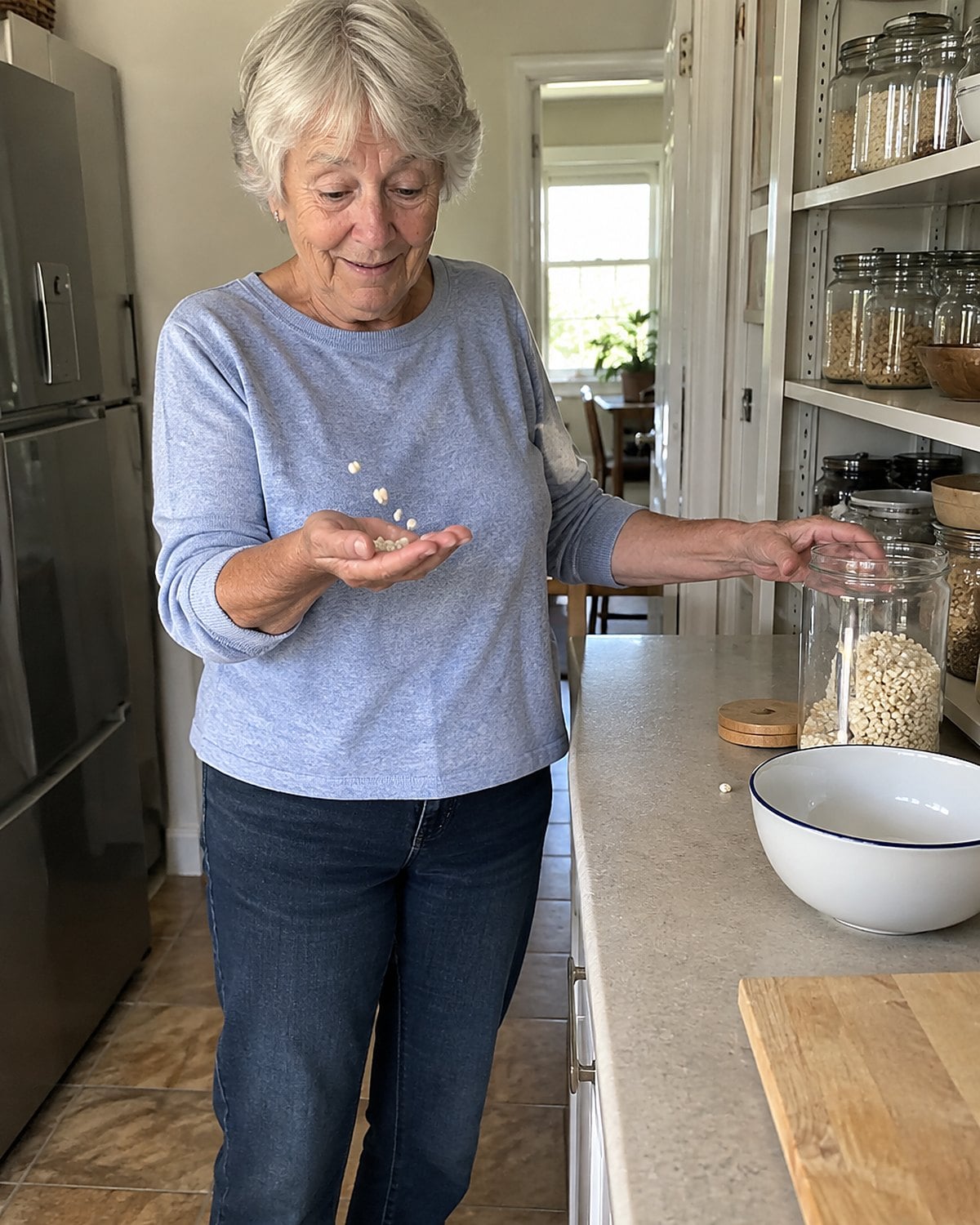 A few pieces of popping candy in an open palm above a pantry counter.