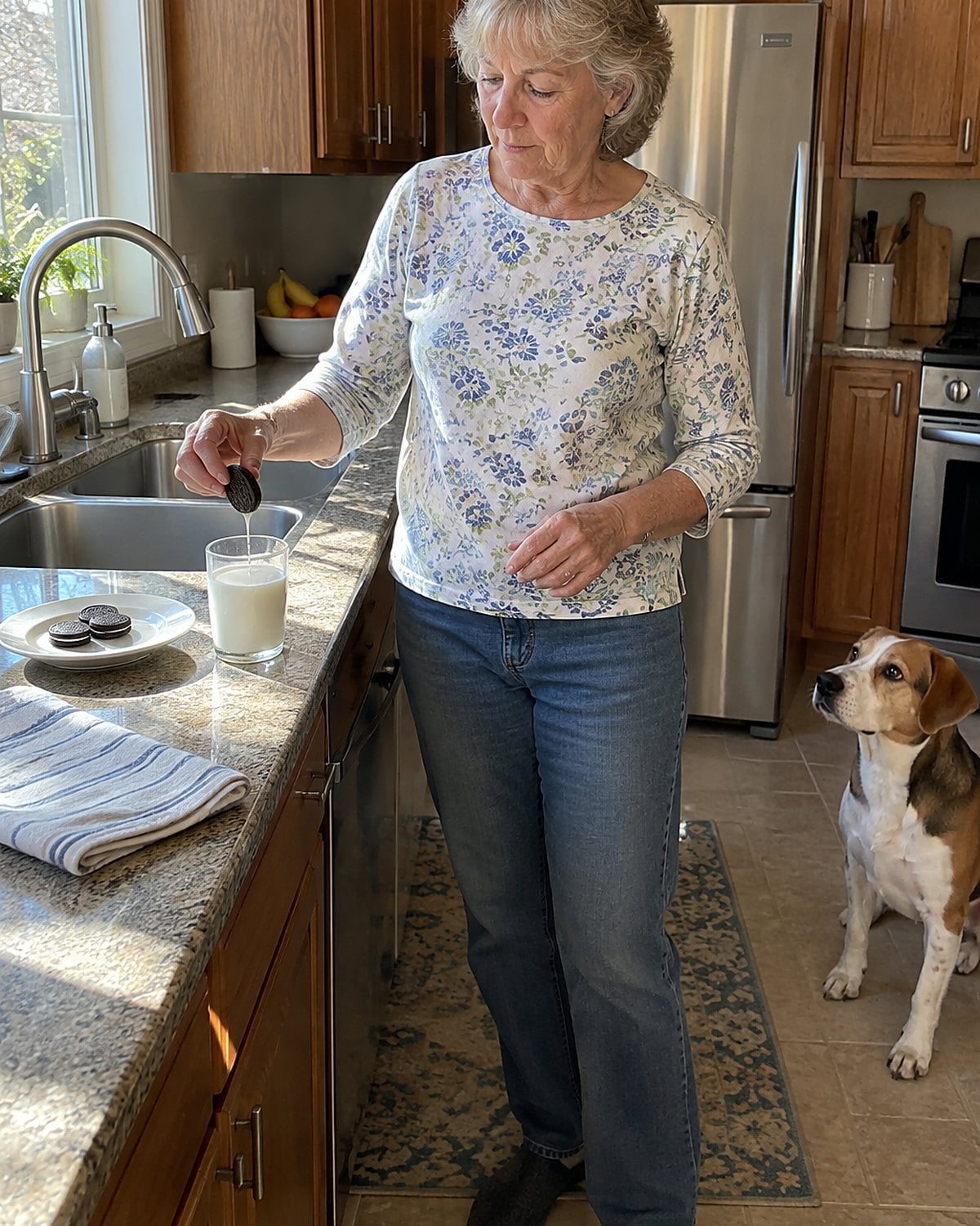 One hand lifting a dark sandwich cookie from a glass of milk beside the sink.