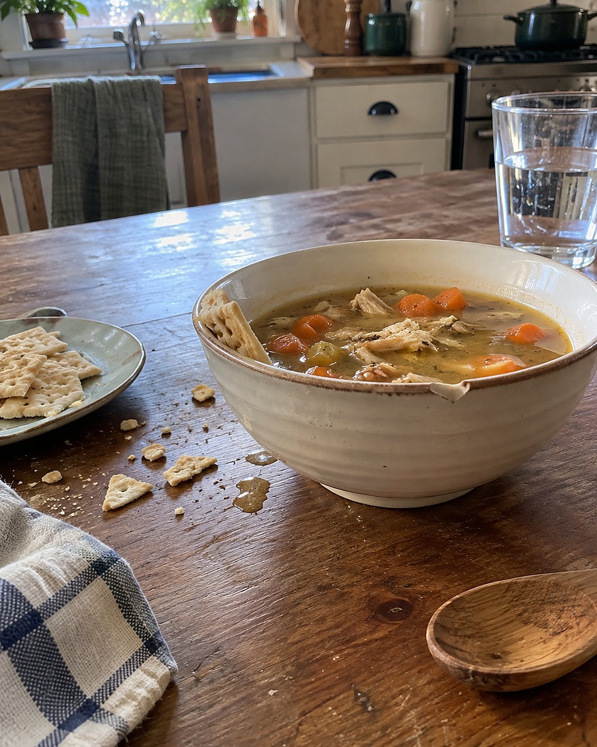 Cracker crumbs scattered beside a soup bowl on a kitchen table.