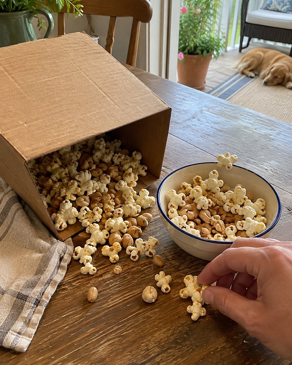 A tipped box of Cracker Jack beside a small bowl of popcorn and peanuts on the porch.