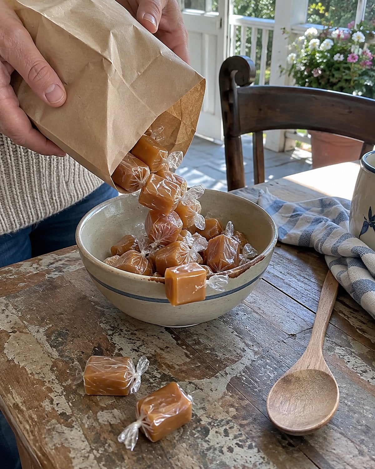 Small caramel candies tipped from a paper bag into a bowl on the porch.
