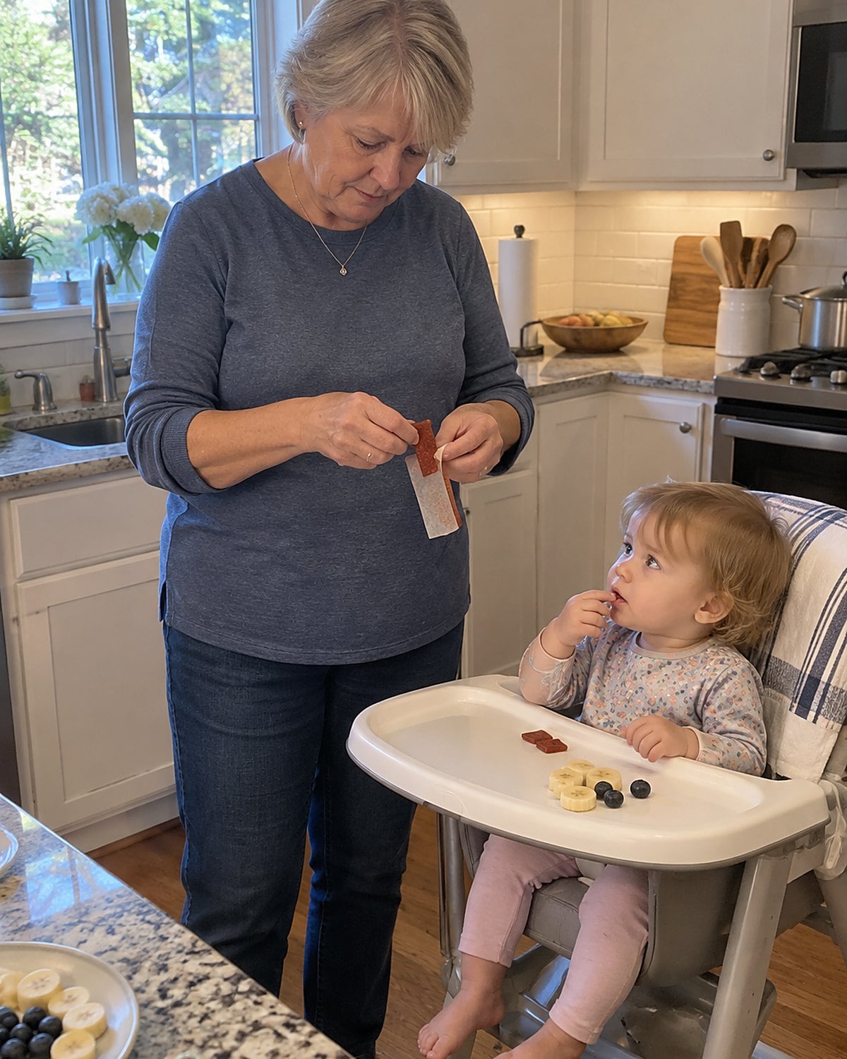 Hands peeling fruit leather from its backing beside a grandchild's high chair.