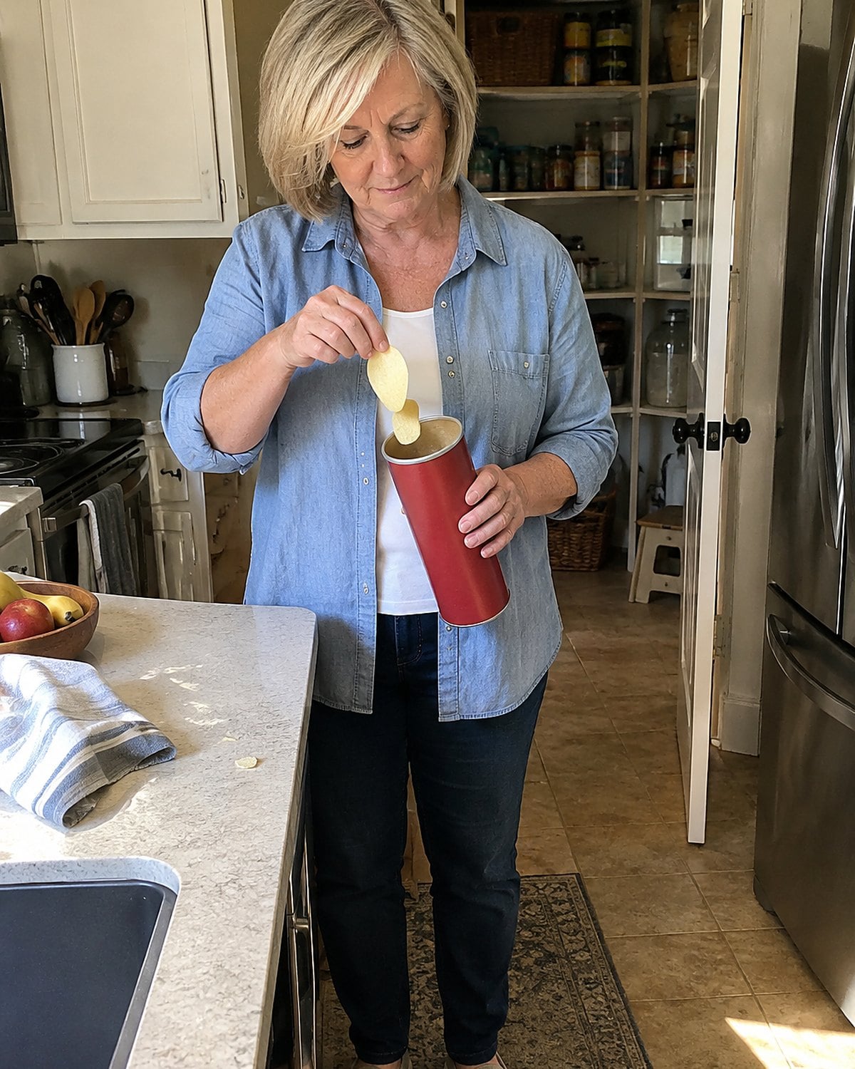 A hand lifting one curved potato crisp from an open can in the pantry.