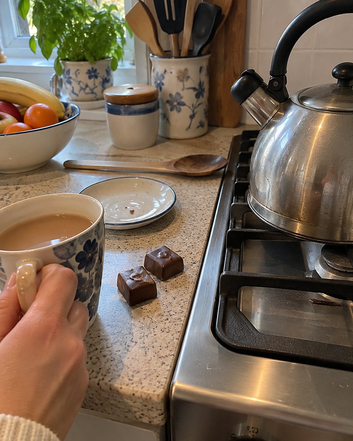 Two unwrapped chewy chocolate candies resting near a kettle on the stove.