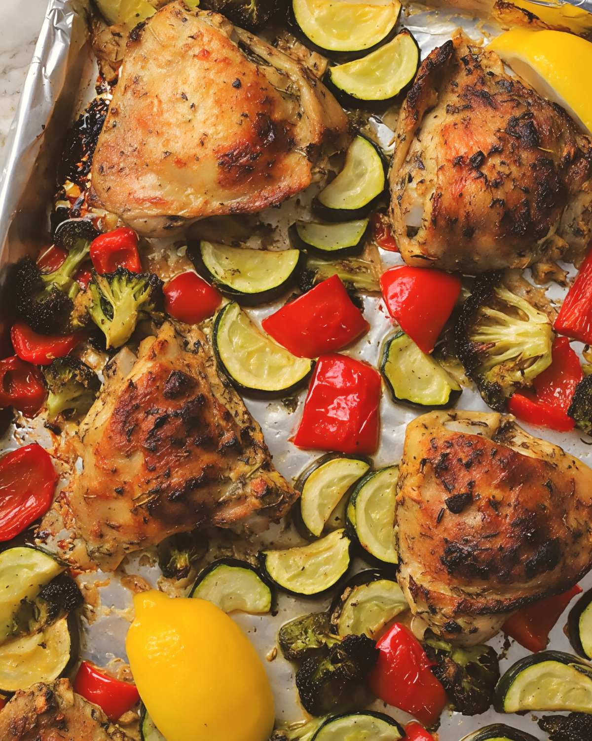 Golden Herb-seasoned Sheet Pan Lemon Garlic Chicken cooked on a foil-lined baking sheet alongside roasted zucchini, red peppers, and broccoli, featured as a nutritious high protein low carb recipes dinner.