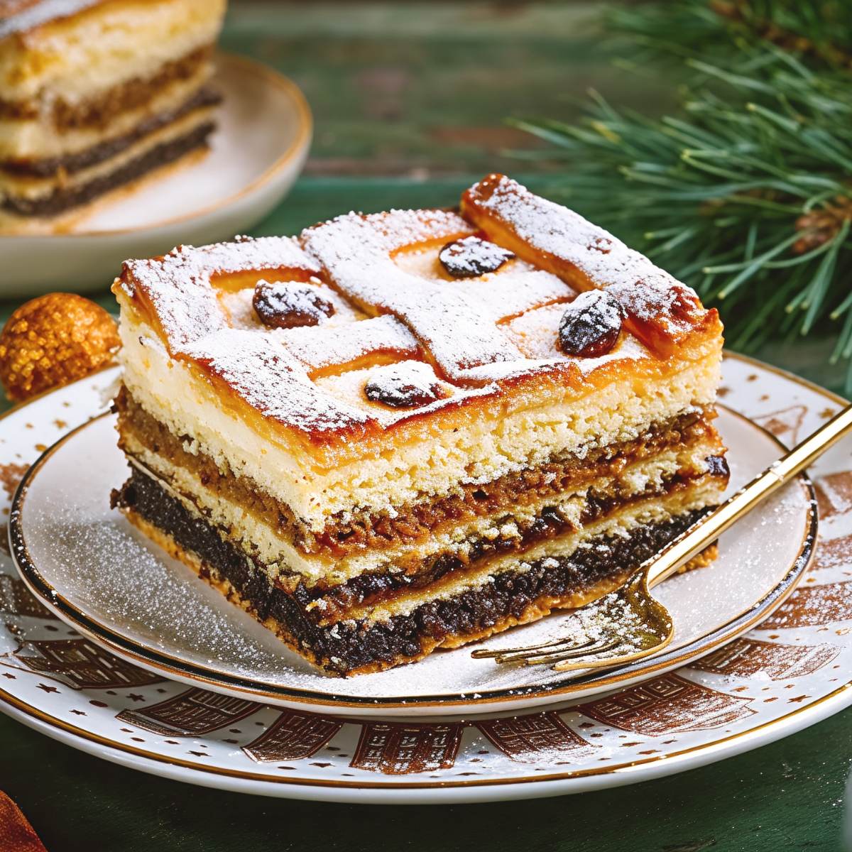 A slice of traditional Slovak Štedrák layered cake showing distinct poppy seed, walnut, jam, and sweet cheese fillings topped with a lattice crust and powdered sugar, served as a festive European Christmas dessert.
