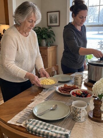 At a dining table set for two in early morning light, a woman moves a warm bowl aside while her daughter-in-law reaches for the slow cooker lid, neither posing.
