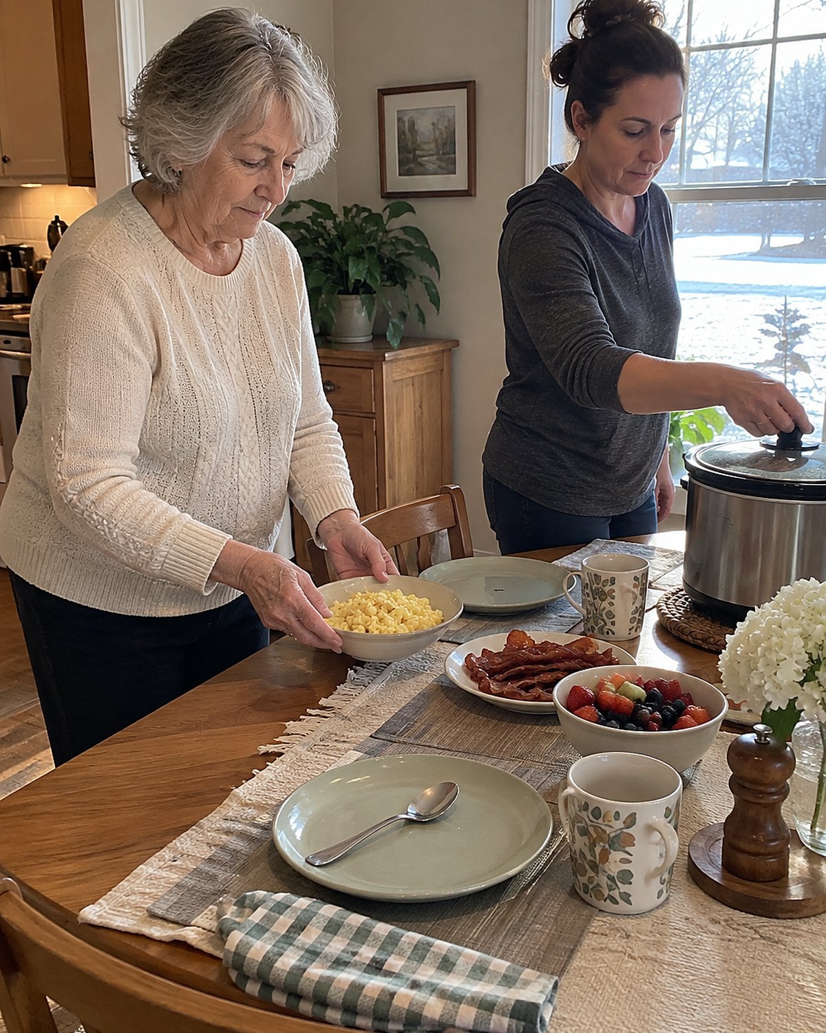 At a dining table set for two in early morning light, a woman moves a warm bowl aside while her daughter-in-law reaches for the slow cooker lid, neither posing.