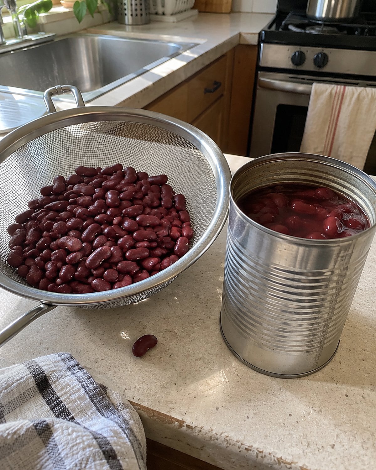 Dry kidney beans in a sieve beside an open can of kidney beans on a kitchen counter.