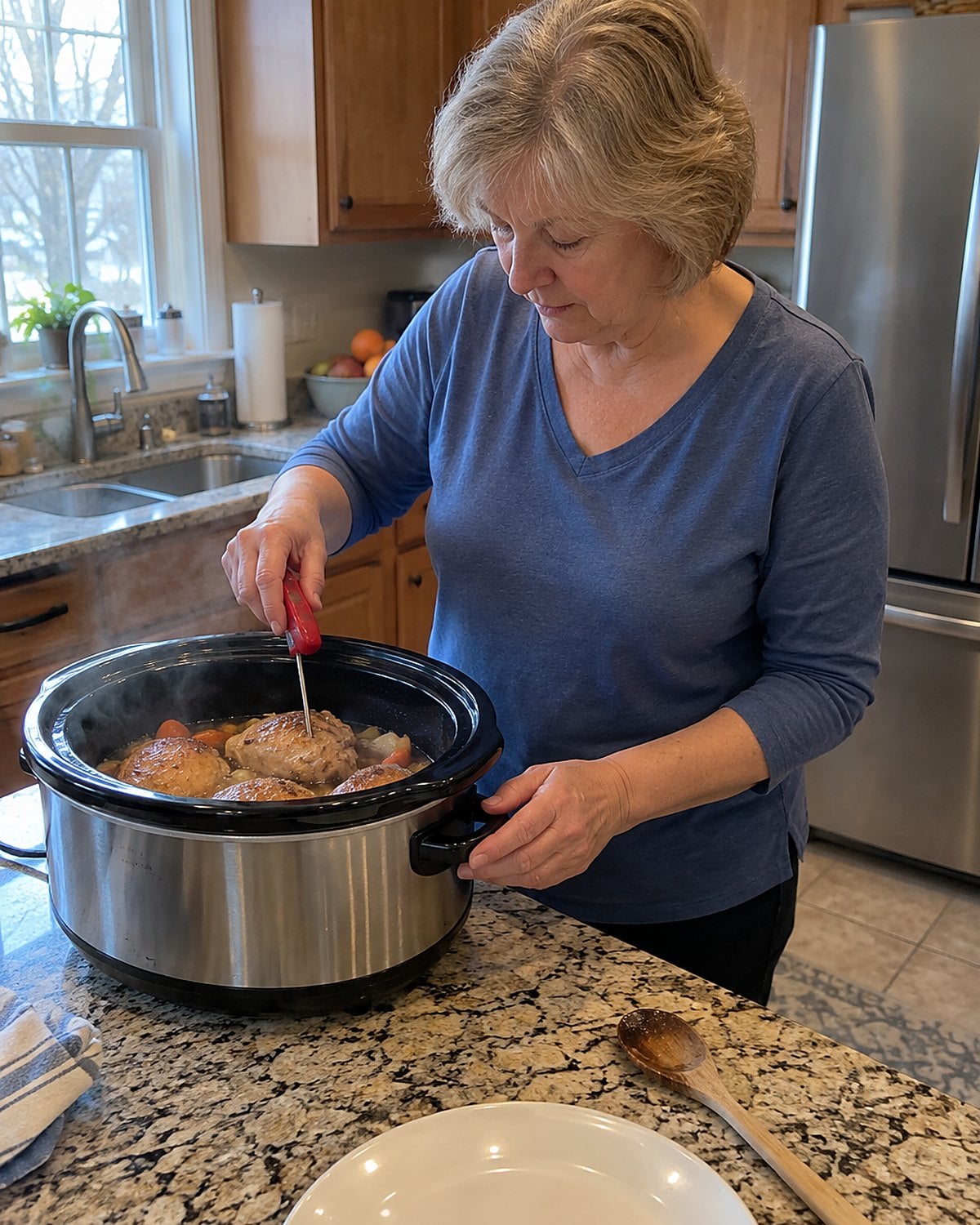 A hand placing an instant-read thermometer into a chicken thigh in an open slow cooker.