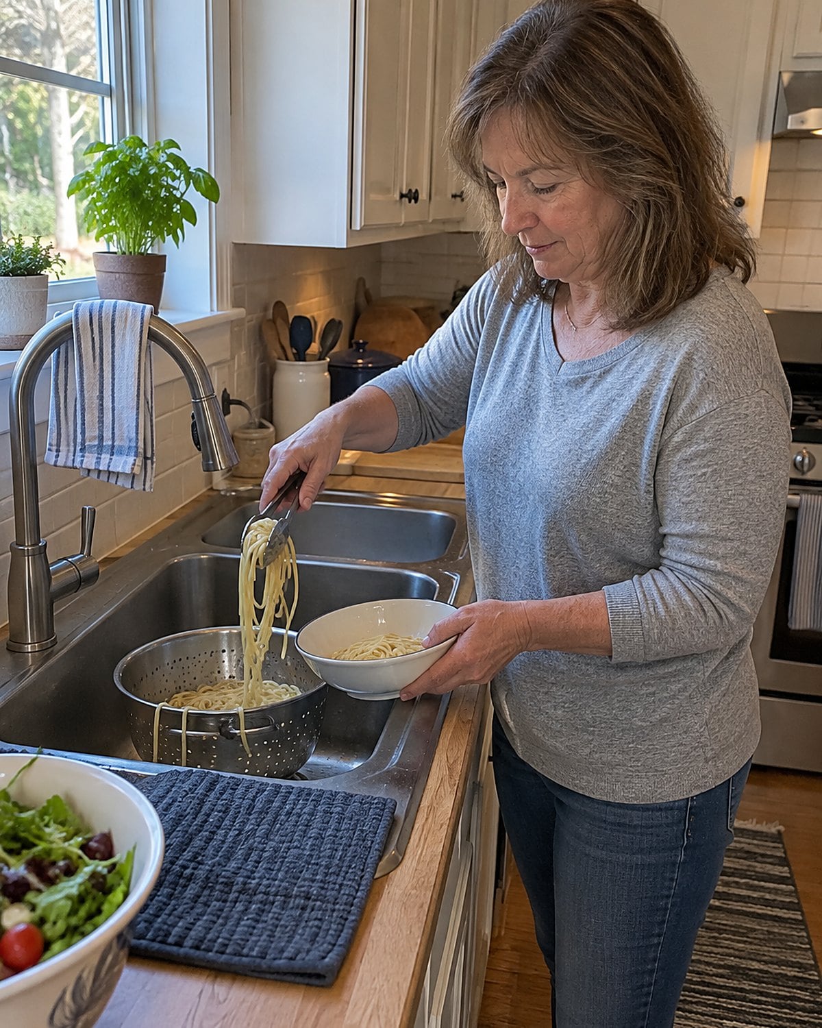 A hand scooping pasta from a colander into a soup bowl at the sink.