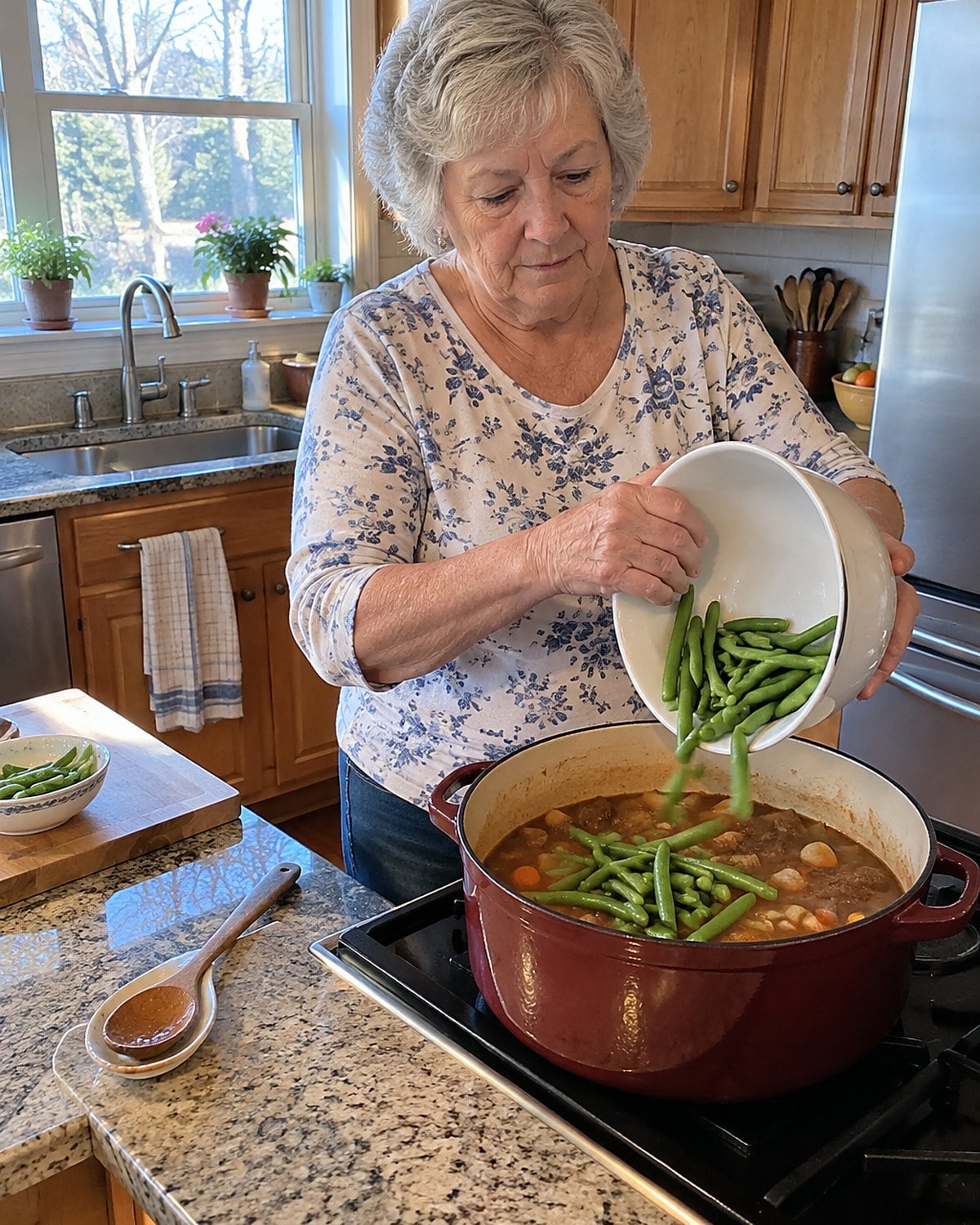 A hand tipping trimmed green beans from a bowl into a nearly finished stew.