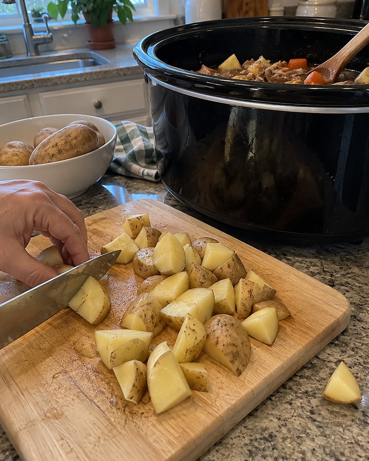 Uneven chunks of potato on a cutting board beside a slow cooker.
