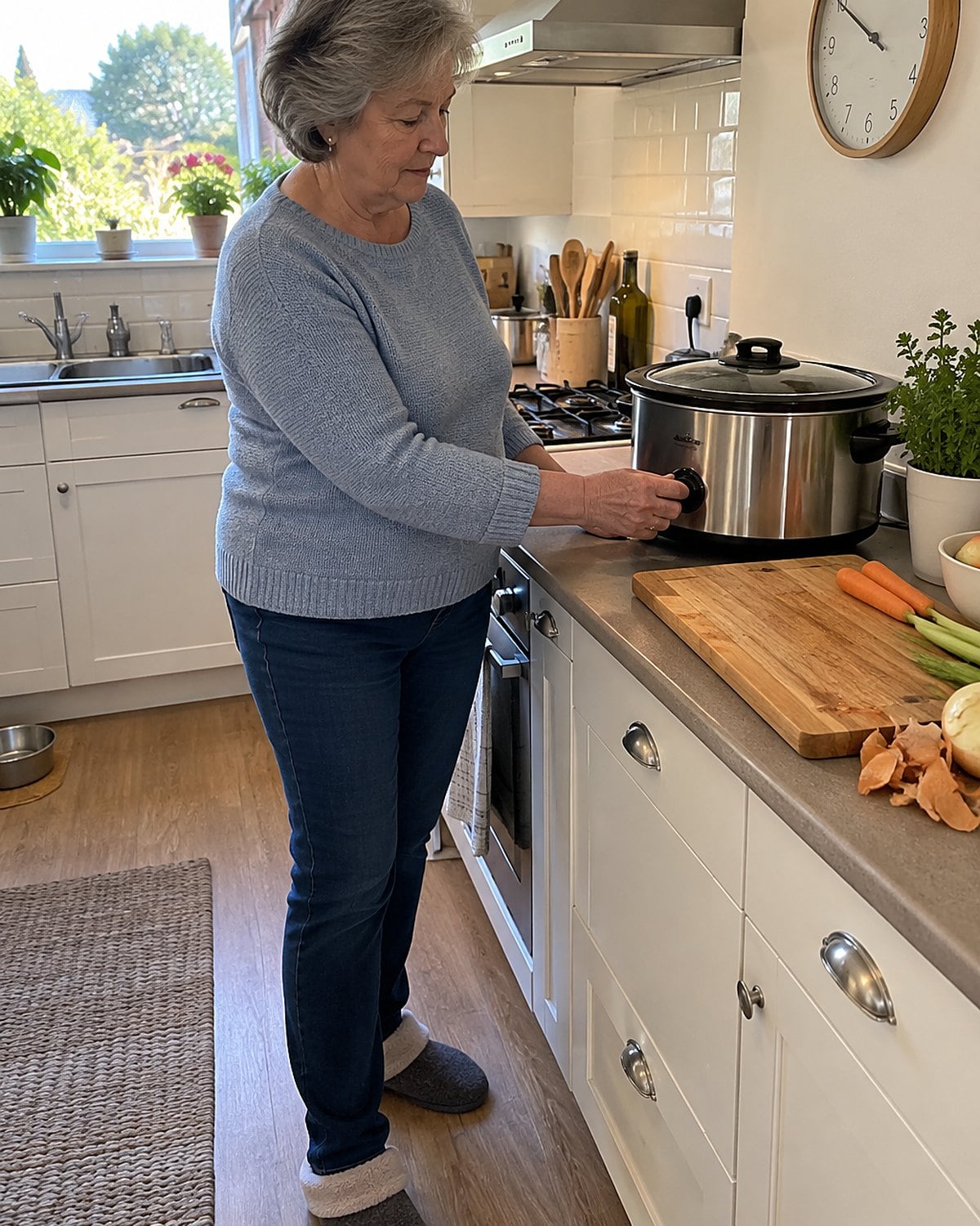 A hand turning a slow cooker dial beside a kitchen clock and an empty cutting board.