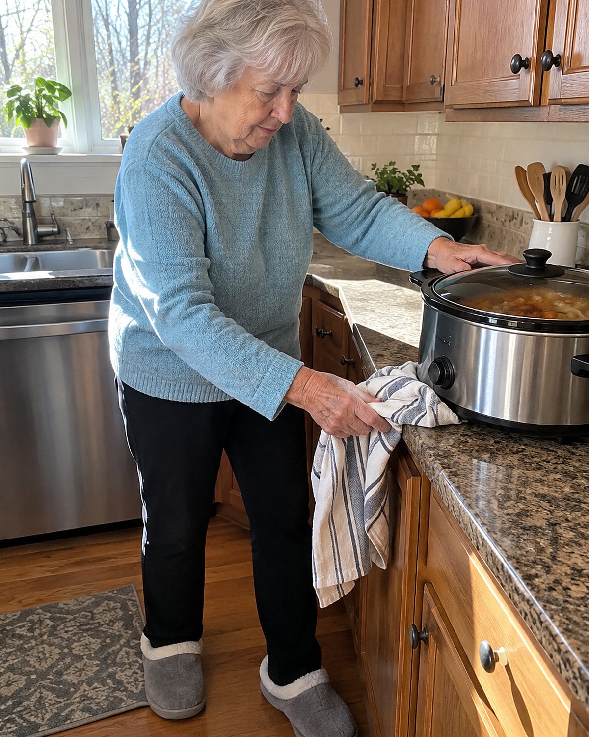 A hand moving a dish towel away from a slow cooker near the edge of a kitchen counter.