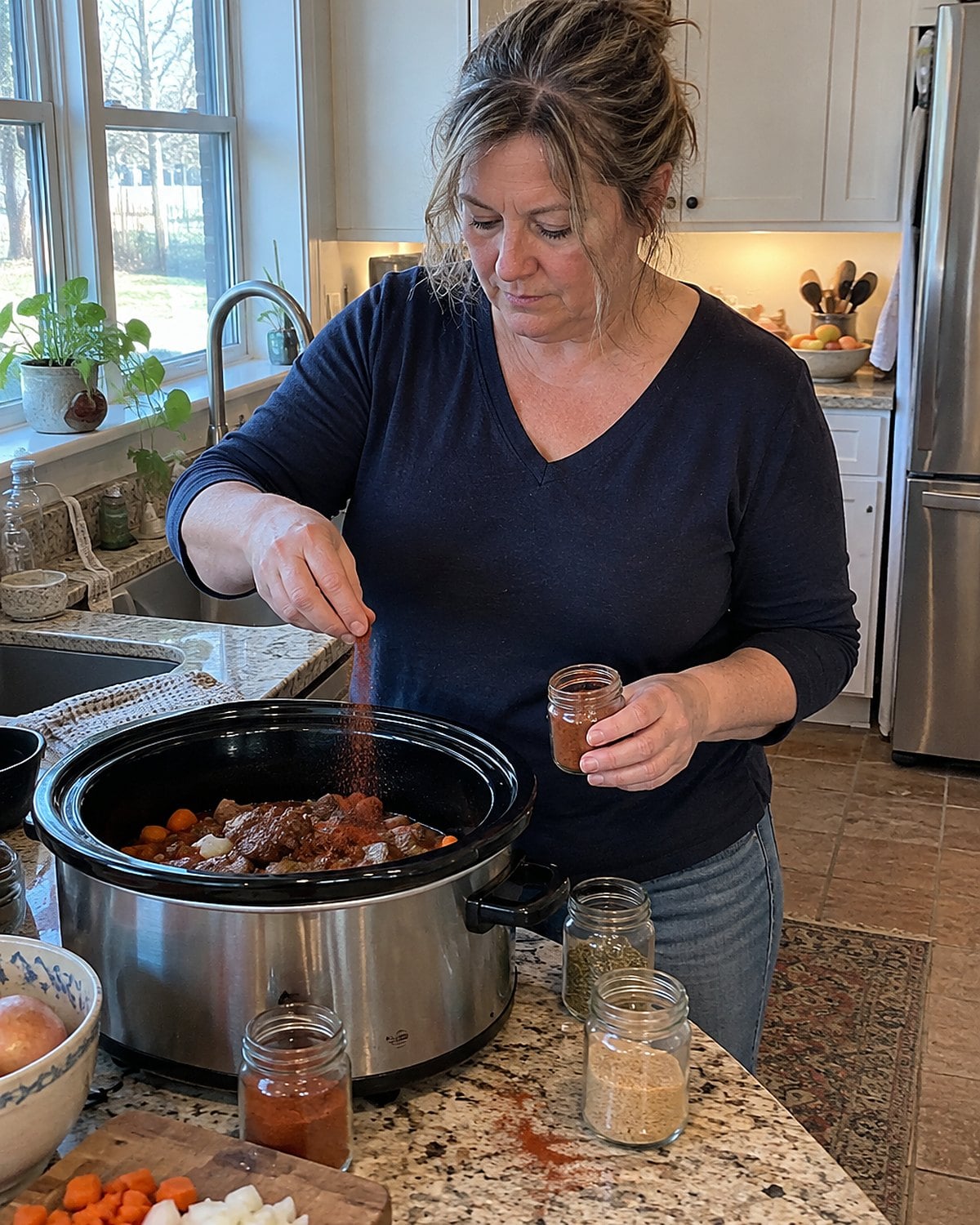 Open spice jars beside a slow cooker, with fingers rubbing a pinch of paprika over the counter.