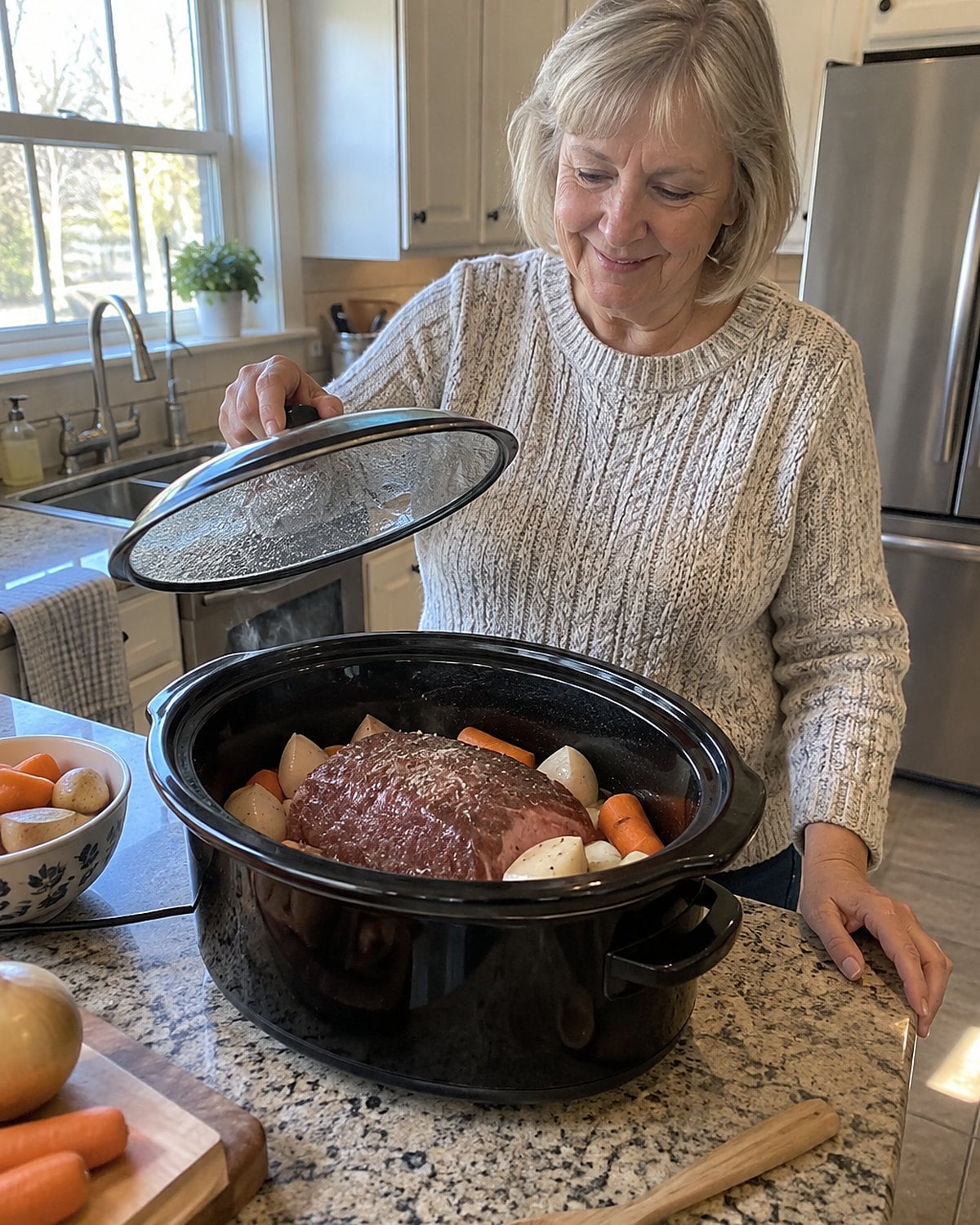 A large raw roast in a slow cooker on the counter, with the lid held slightly above it by a pair of hands.