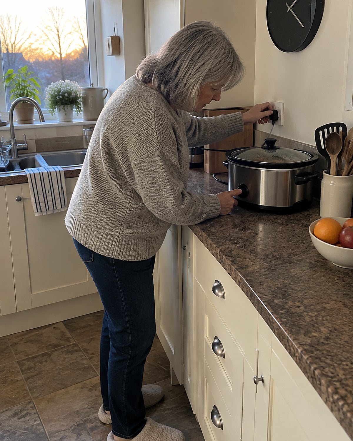 A hand checking a stopped slow cooker beside a dark kitchen clock.