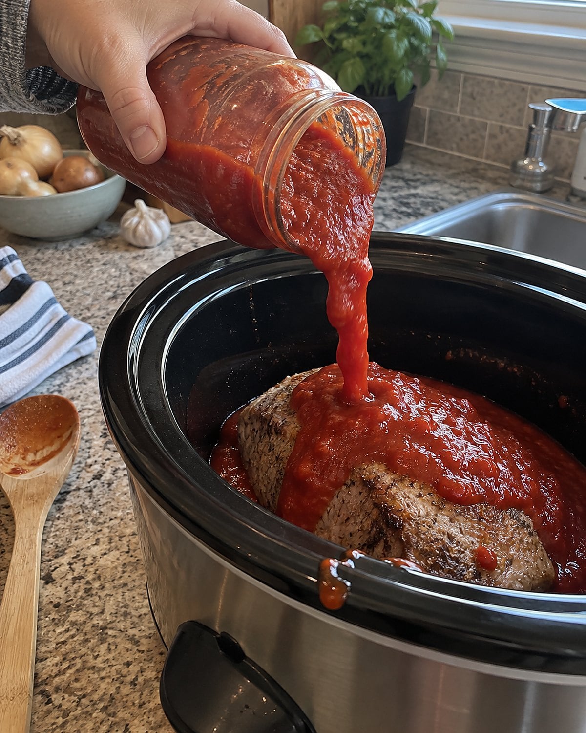Thick tomato sauce sliding from a jar onto meat in a slow cooker.