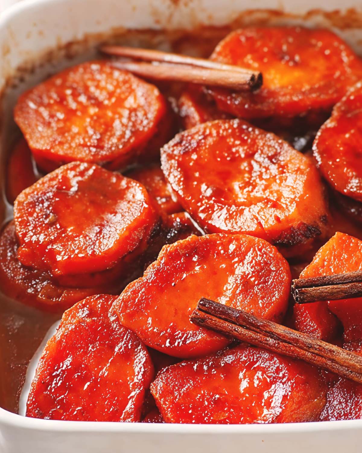 Southern candied yams baked in a white dish with a rich brown sugar glaze and cinnamon sticks as a traditional Thanksgiving side dish.