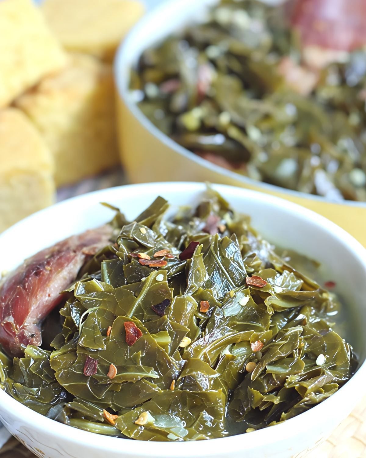 Southern collard greens seasoned with red pepper flakes and smoked meat, served in a white bowl as a traditional Thanksgiving side dish.