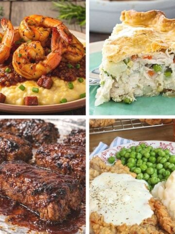 Four-panel collage of southern comfort food dinners including shrimp and grits, chicken pot pie, and gravy meals.