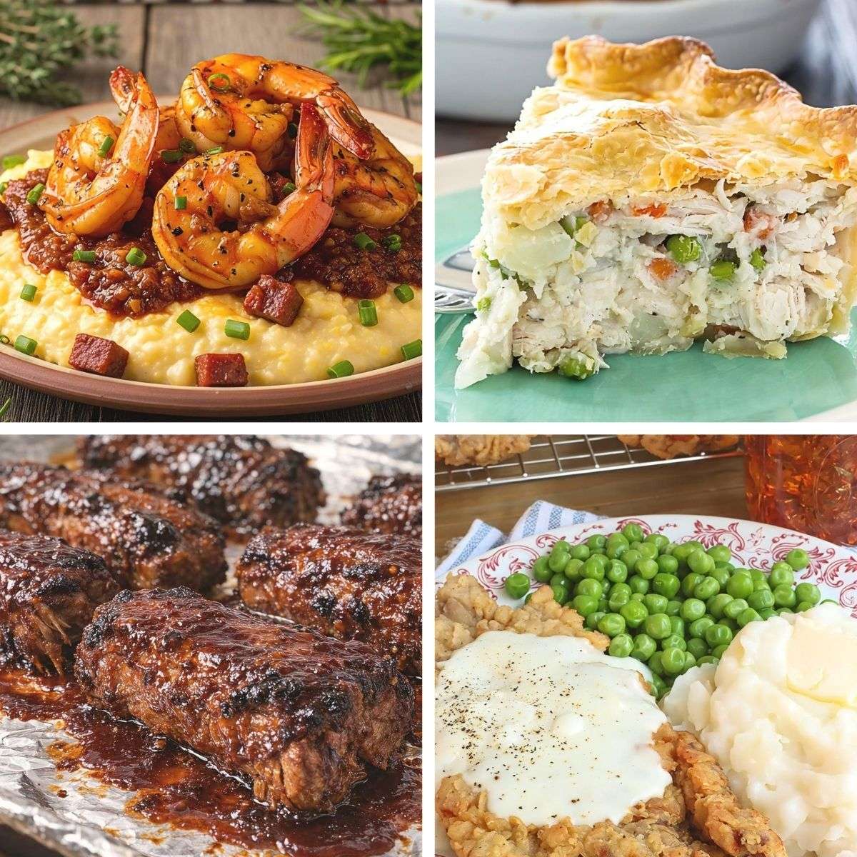 Four-panel collage of southern comfort food dinners including shrimp and grits, chicken pot pie, and gravy meals.