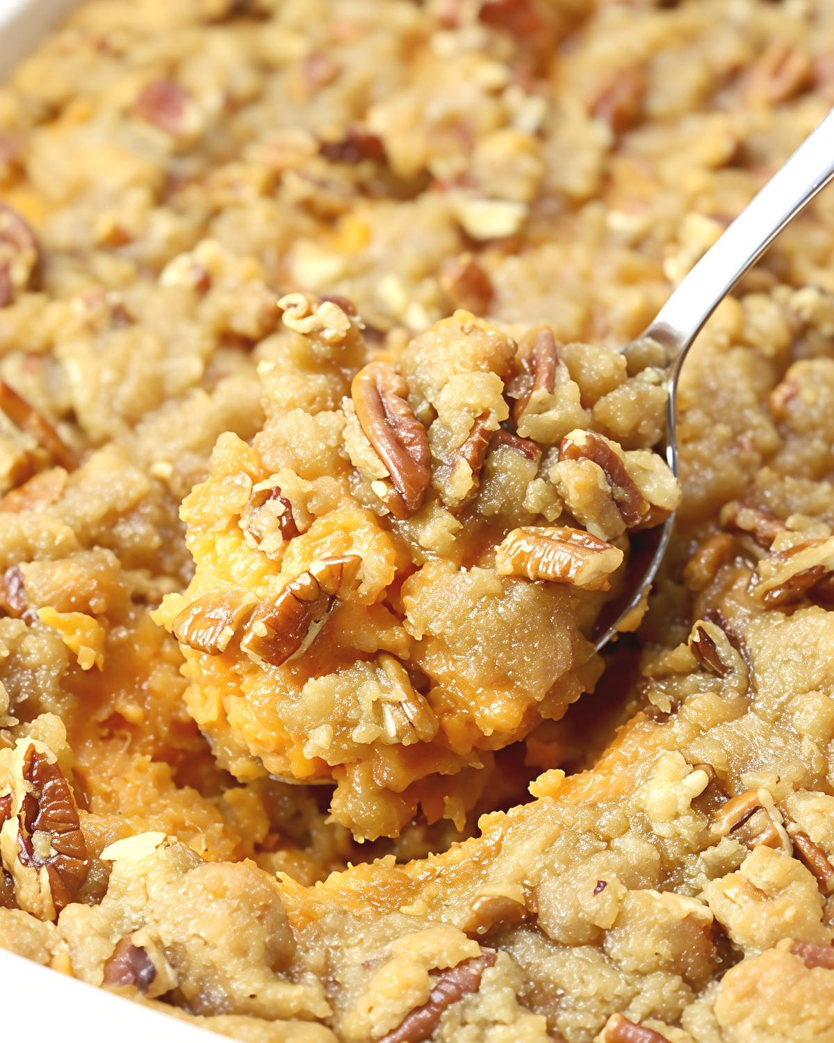 Southern sweet potato casserole with a buttery pecan streusel topping being scooped with a spoon as a traditional Thanksgiving side dish
