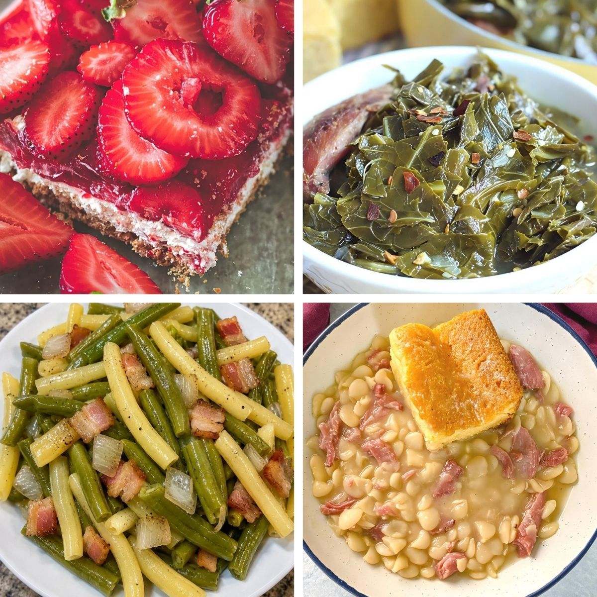 Southern Thanksgiving side dishes collage featuring strawberry pretzel salad, collard greens, green beans with bacon, and butter beans with cornbread.