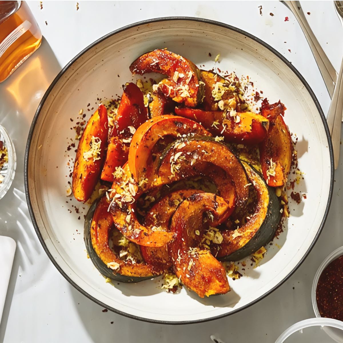 Roasted slices of spicy caramelized squash garnish with lemon zest and crushed hazelnuts in a shallow serving bowl, making an elegant Thanksgiving vegetable side dish.