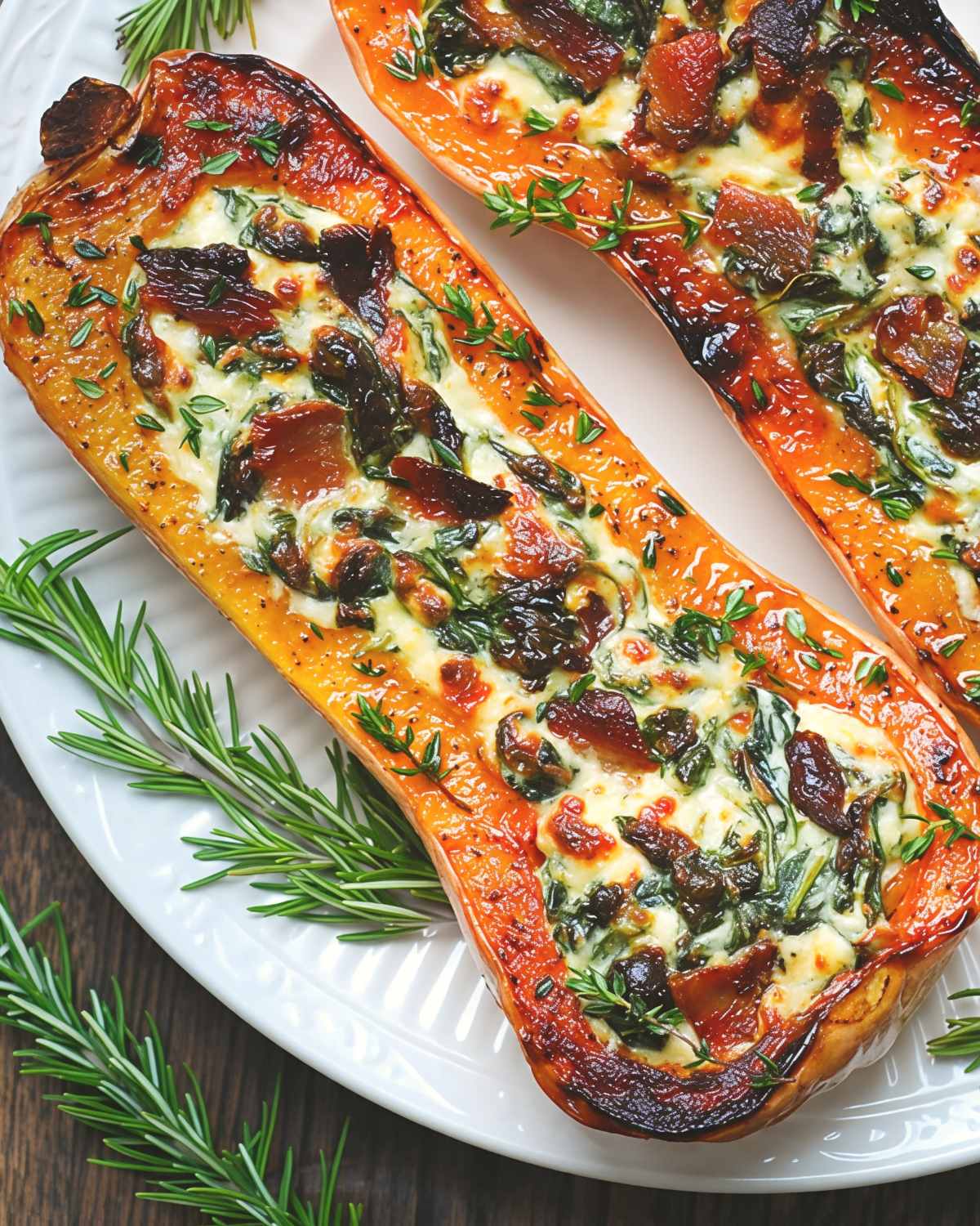 Roasted butternut squash halves filled with creamy spinach, melted cheese, crisp bacon, and fresh rosemary sprigs make a cozy Thanksgiving vegetable side dish.