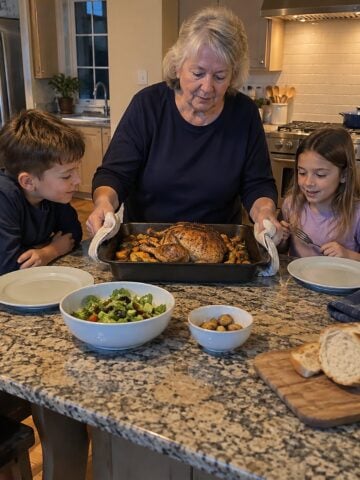 A woman in her sixties lifts a roasting pan onto a kitchen island while grandchildren sit on stools nearby, evening light coming from the stove, nobody looking at the camera.