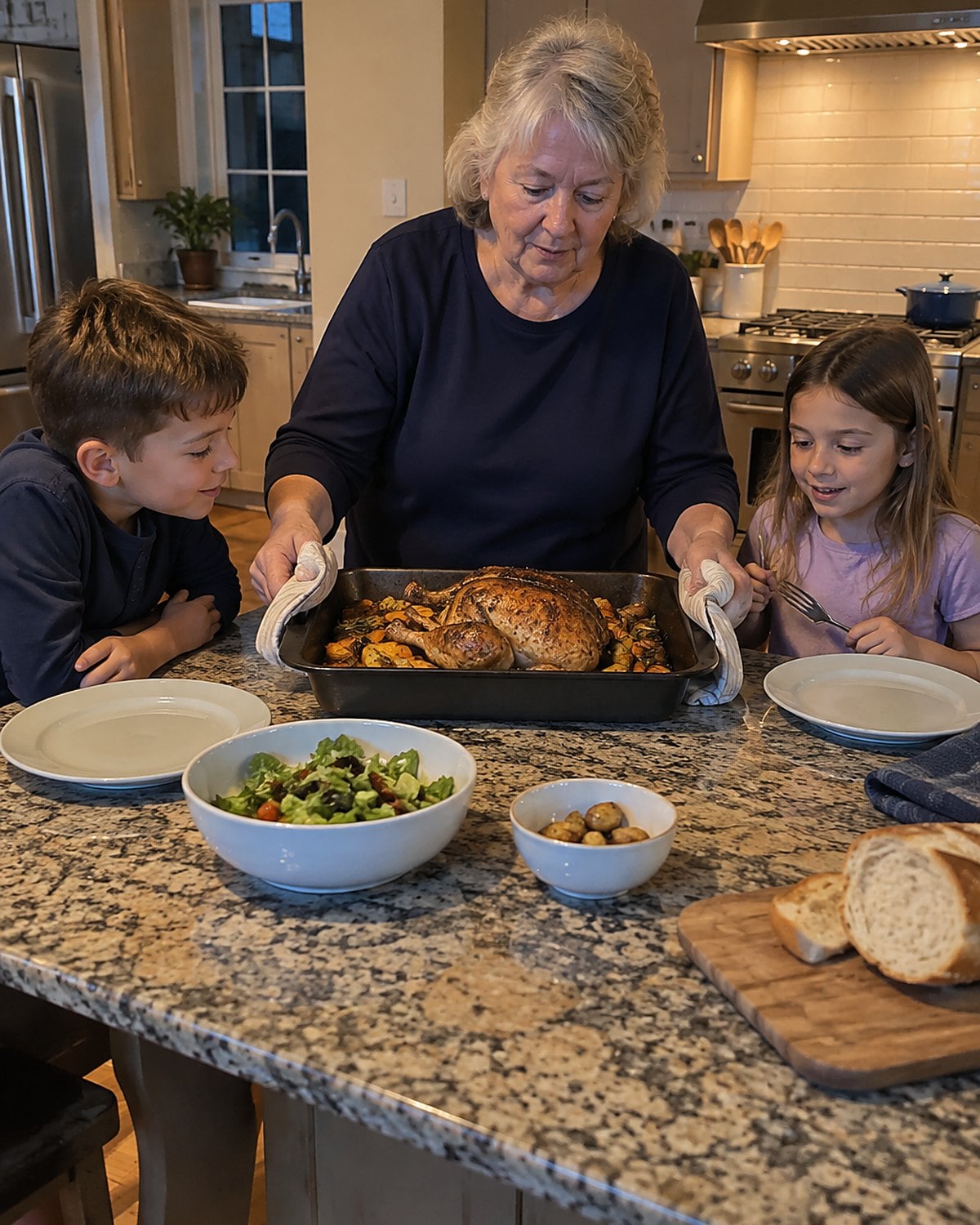 A woman in her sixties lifts a roasting pan onto a kitchen island while grandchildren sit on stools nearby, evening light coming from the stove, nobody looking at the camera.