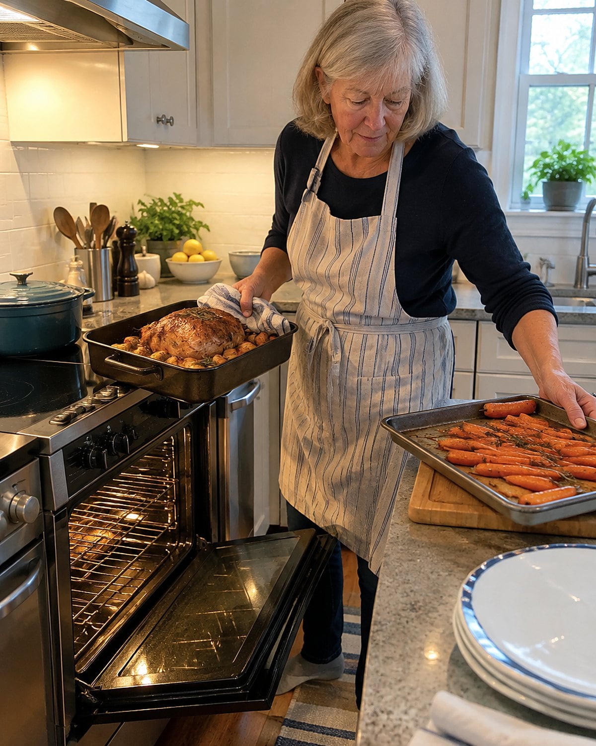 A woman's hands moving a tray of finished carrots aside as the roast goes back into the oven.